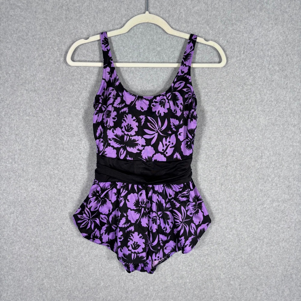 Vintage Mainstream One Piece Swimsuit Size 12 Purple Skirted Swim Dress Tropical
